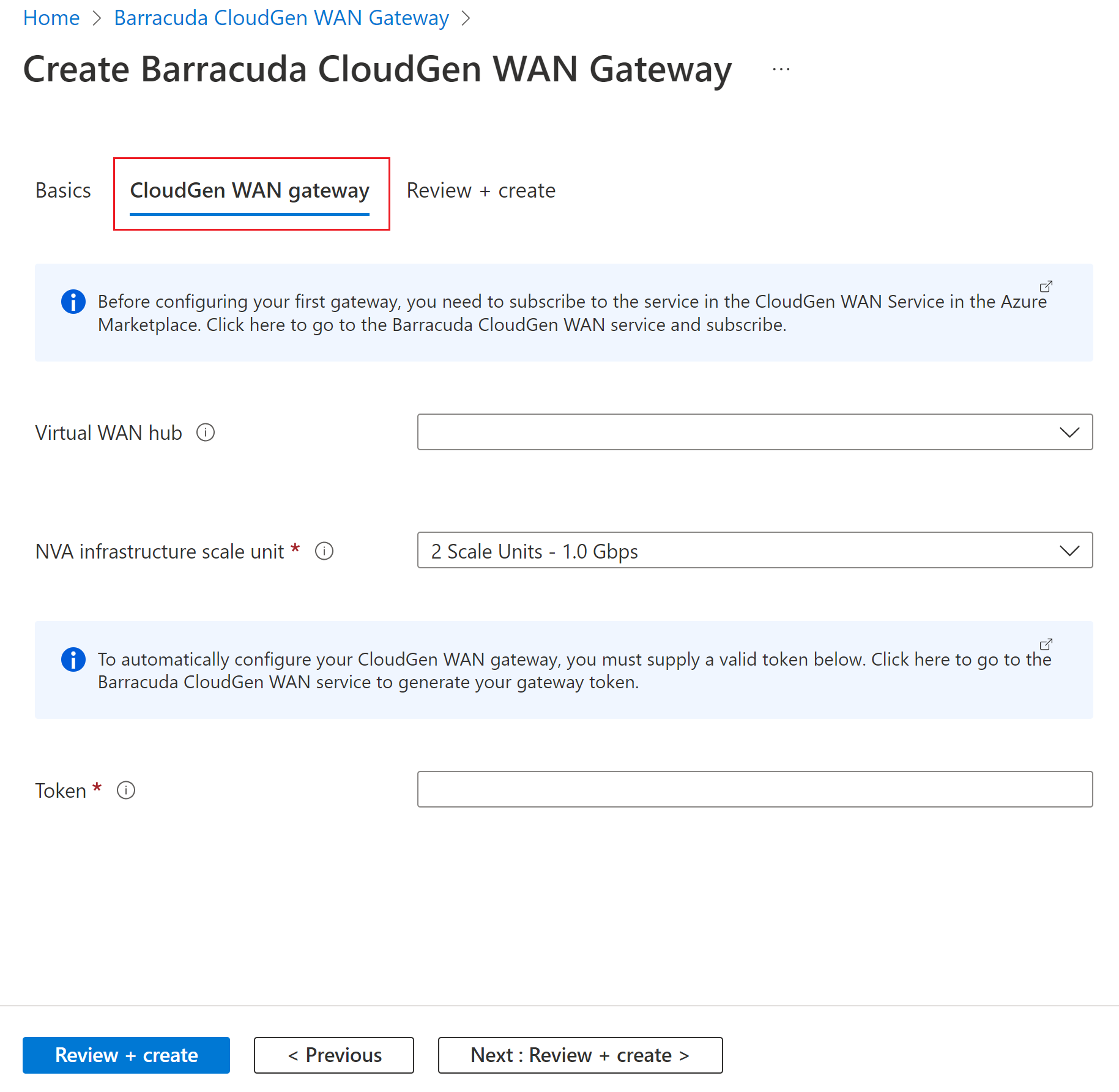 Screenshot della pagina Create Barracuda CloudGen WAN Gateway (Crea gateway WAN Barracuda CloudGen).