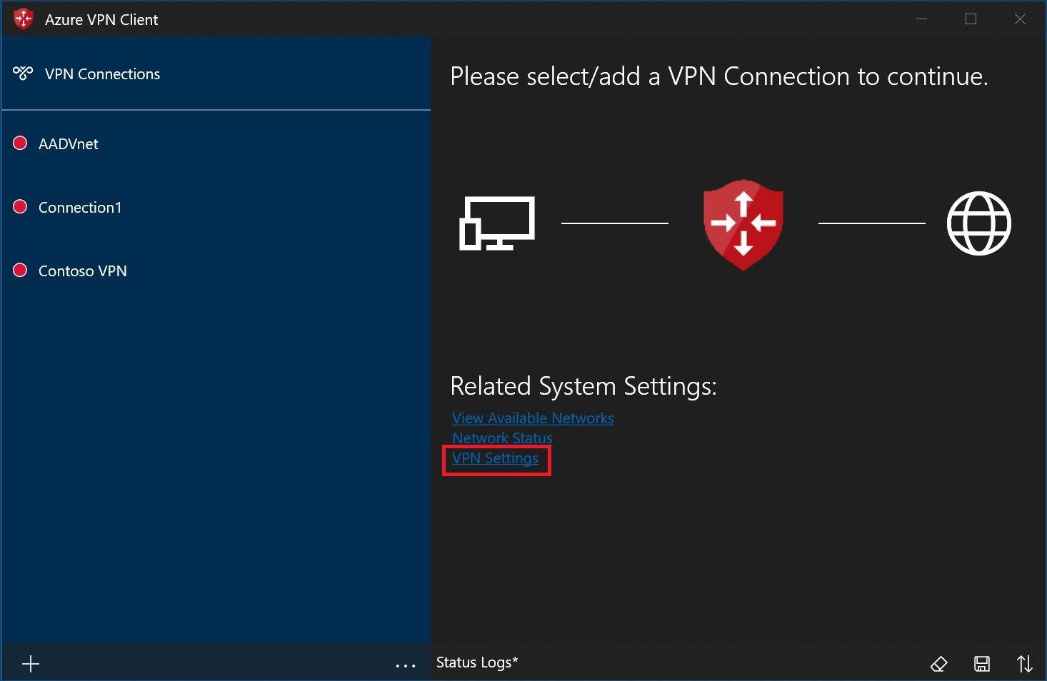 Screenshot shows V P N Connections where you can select V P N Settings.