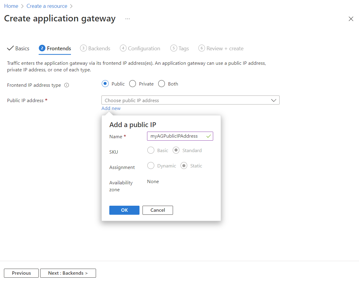 Screenshot di Create new application gateway: Frontends (Crea nuovo gateway applicazione: front-end).