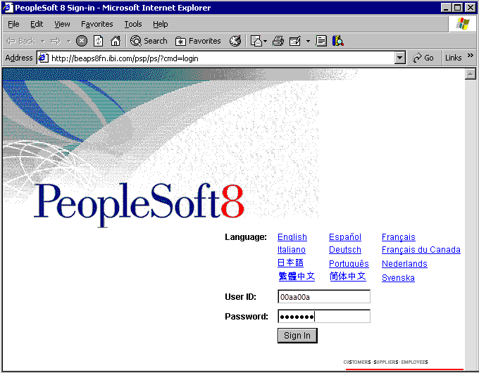 Immagine che mostra la pagina di accesso di PeopleSoft.