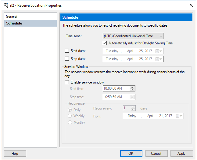 Abilitare Service Windows for Receive Port per configurare la pianificazione in BizTalk Server