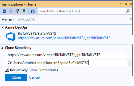 Clonare i percorsi del repository Azure DevOps nel progetto di BizTalk Server