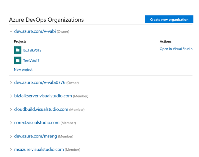 Accedere all'account Azure DevOps e visualizzare l'account nell'elenco.
