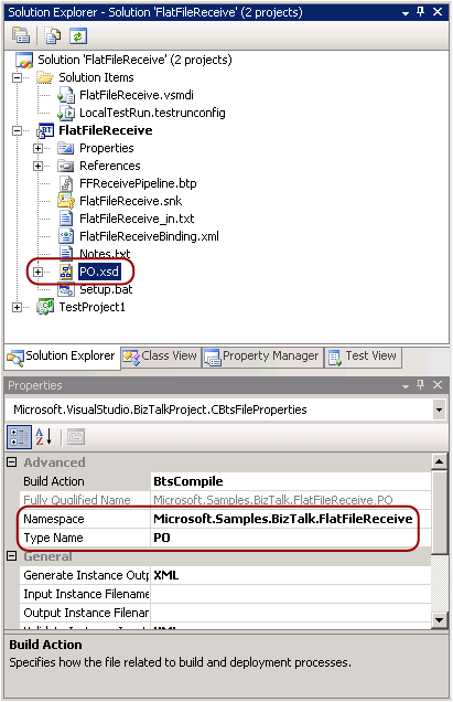 Immagine che evidenzia lo spazio dei nomi e il tipo per il file XSD selezionato.