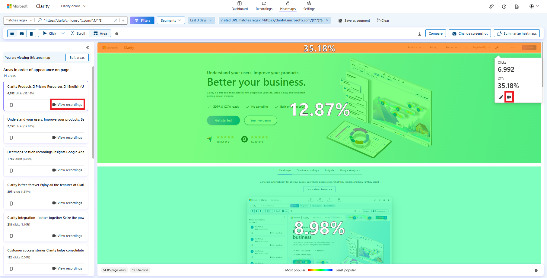 Area maps clicked element view.