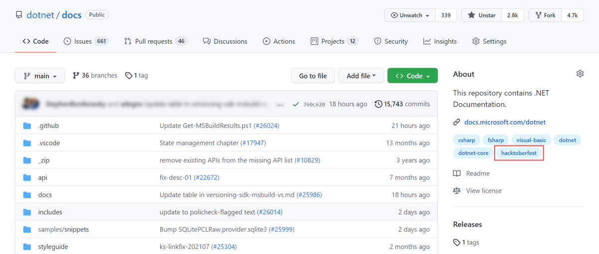 GitHub .NET docs repository with hacktoberfest topic.