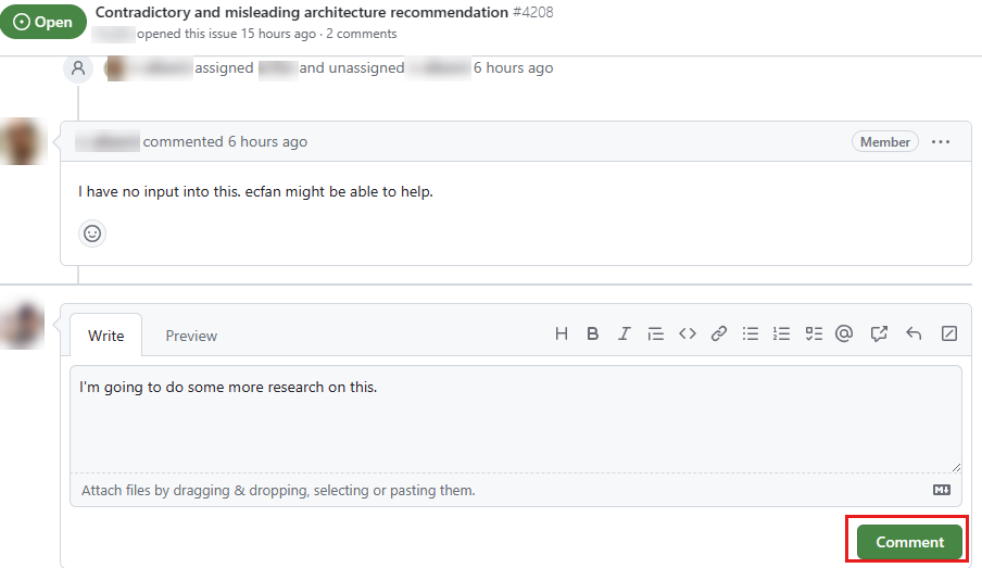 Screenshot di un problema di GitHub con una casella di commento nella parte inferiore.