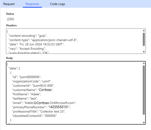 Screenshot of the connector response.
