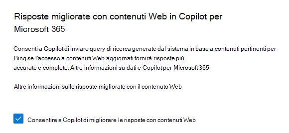 Screenshot che mostra l'opzione per consentire a Copilot di accedere al contenuto Web.