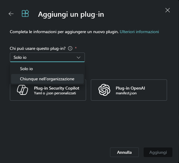 Screenshot che mostra l'aggiunta di un plug-in come proprietario.