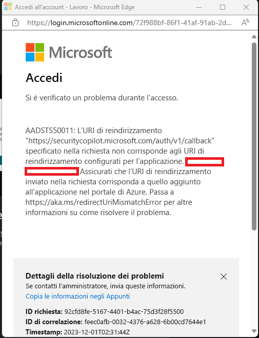 Immagine del messaggio di errore.