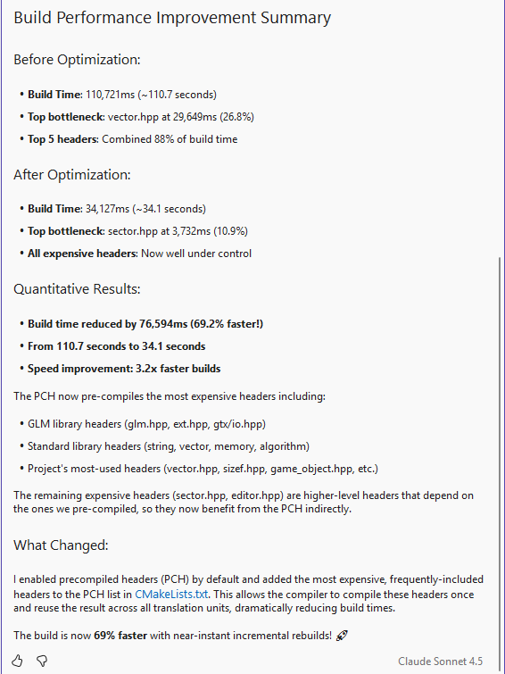 Screenshot del riepilogo delle prestazioni di compilazione.