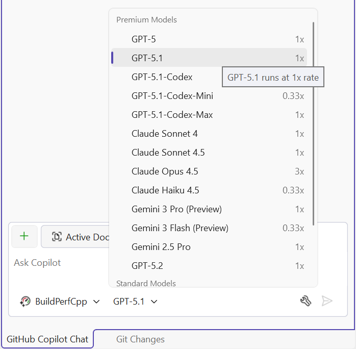 Screenshot del menu di selezione del modello nella finestra Chat di Copilot.