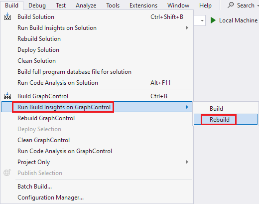 Screenshot del menu principale con Run Build Insights on Selection > Rebuild selezionata.