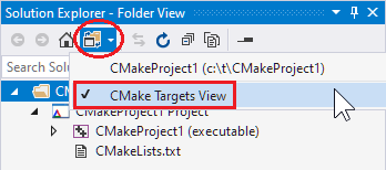 Screenshot del pulsante a discesa nel Esplora soluzioni di Visual Studio che offre l'opzione di visualizzazione destinazioni CMake. Selezionata.