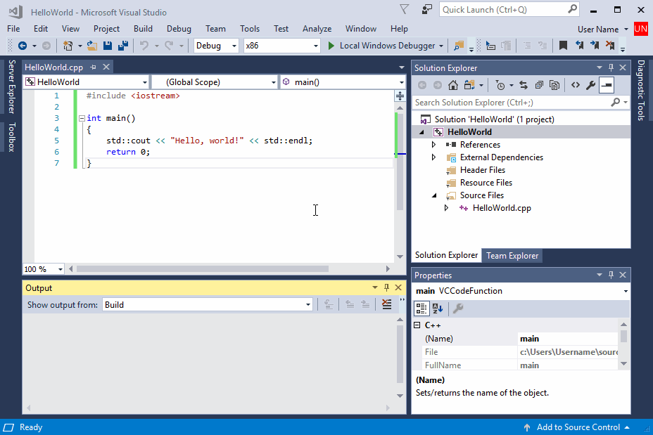 Screenshot animato di Visual Studio 2022 che mostra l'esecuzione di un'app dal prompt dei comandi.