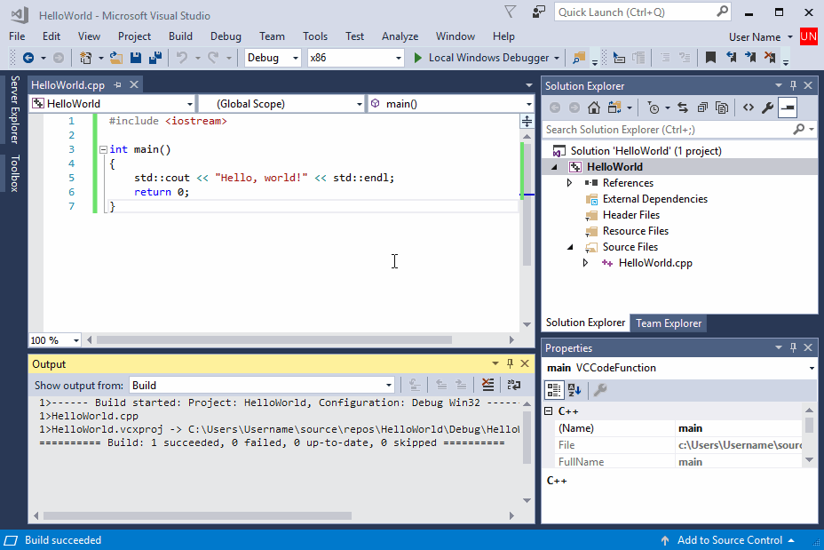 Video che mostra le azioni eseguite per avviare un progetto in Visual Studio.