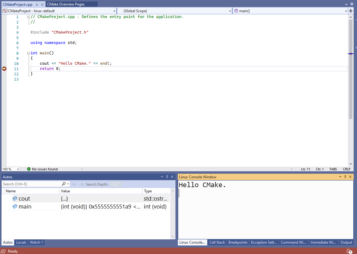 Screenshot di un programma hello world in esecuzione.