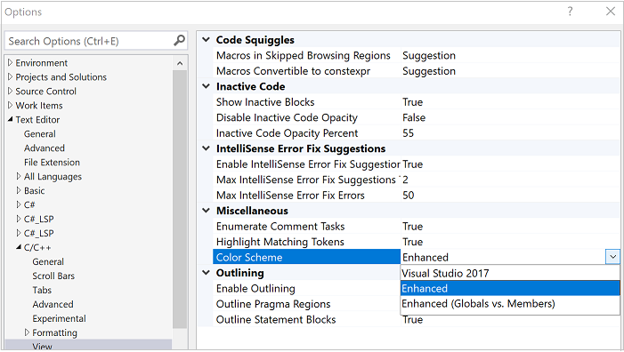 Screenshot delle opzioni a discesa Combinazione colori C++. Le opzioni disponibili sono evidenziate.