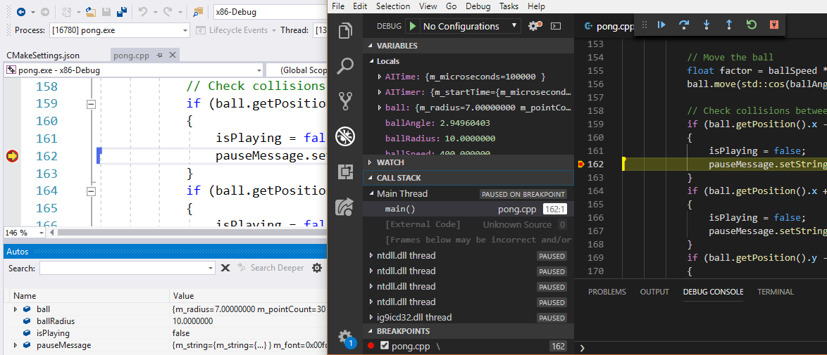 Screenshot side-by-side di un debug di C più Live Share Debug destinato a mostrare due persone che visualizzano l'esperienza di debug sulla propria schermata.