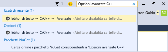 Avvio veloce Screenshot della casella di ricerca Avvio veloce. Mostra la ricerca in C più avanzato che consente di ottenere opzioni per l'editor di testo.