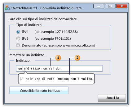 Finestra di dialogo con un controllo dell'indirizzo di rete e una descrizione informazioni. Finestra di dialogo con un controllo dell'indirizzo di rete e una descrizione informazioni.