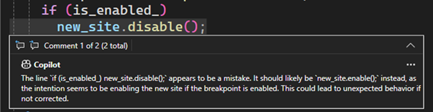 Screenshot di GitHub Copilot che illustra un problema.