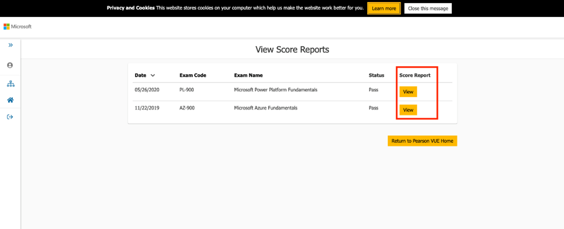 Pearson VUE screen listing exams taken with buttons to view score reports.