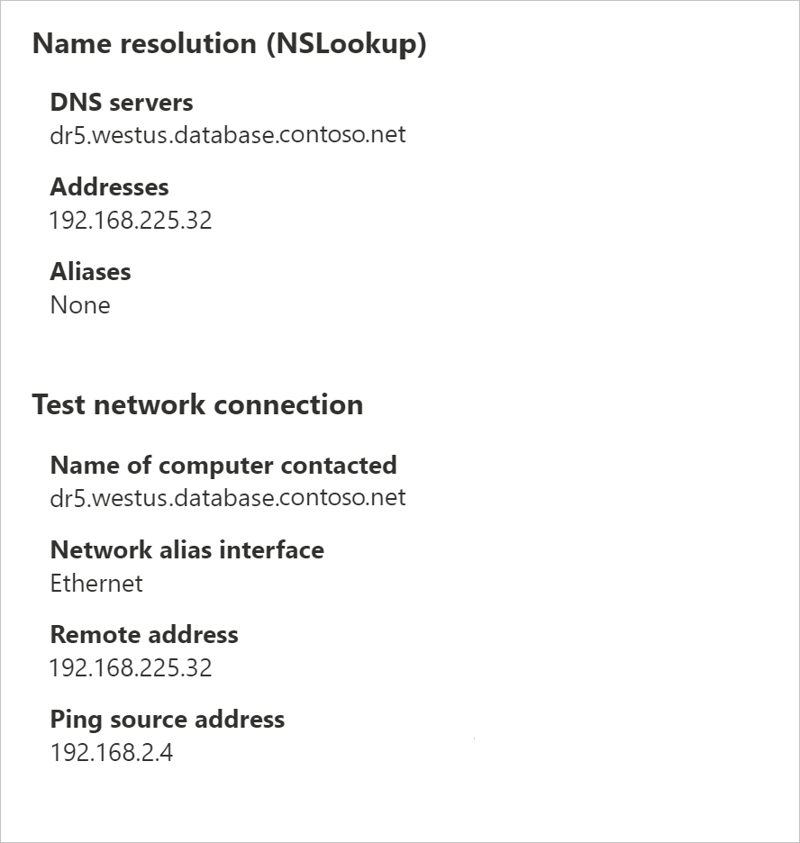 Immagine del pannello risoluzione dei nomi con valori per server DNS, indirizzi, alias, nome del computer contattato, interfaccia alias di rete, indirizzo remoto e indirizzo di origine ping.