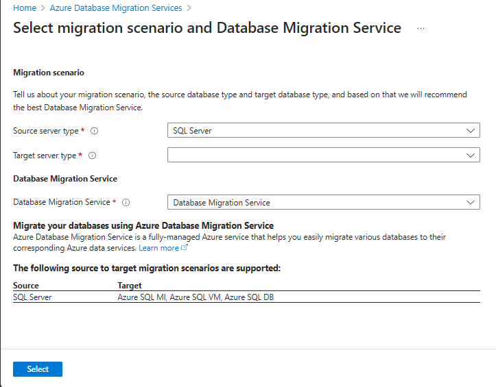 Screenshot che mostra gli scenari di migrazione del Servizio Migrazione del database.