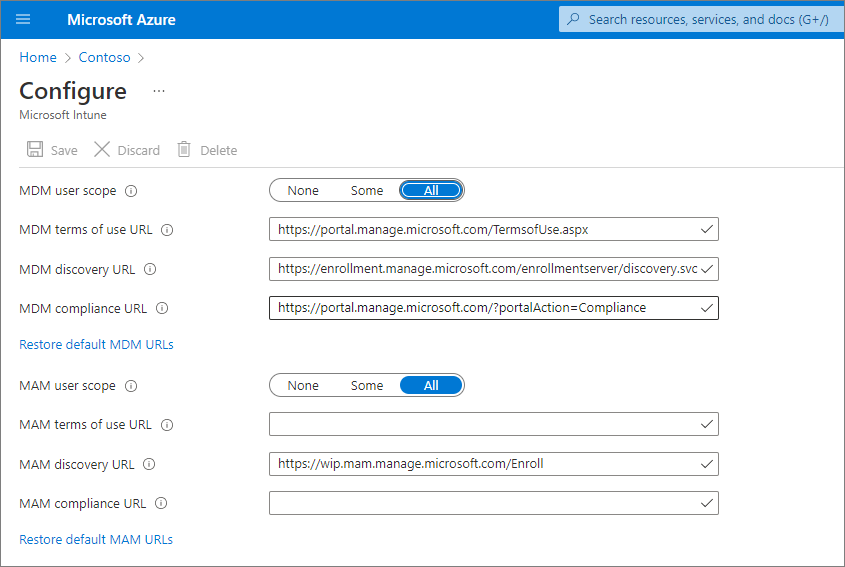 Screenshot dell'impostazione dell'ambito utente MDM e dell'ambito utente MAM in Intune.