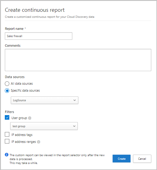 Screenshot della creazione di un report continuo personalizzato.