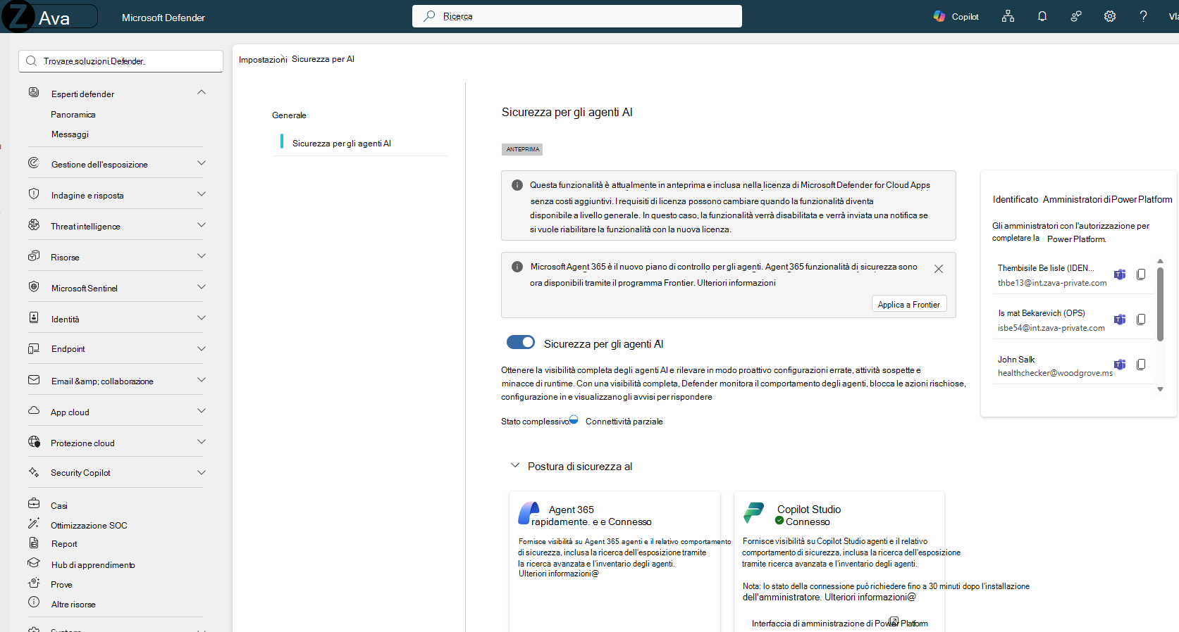 Screenshot dell'interruttore Configurazione degli agenti di sicurezza per intelligenza artificiale.