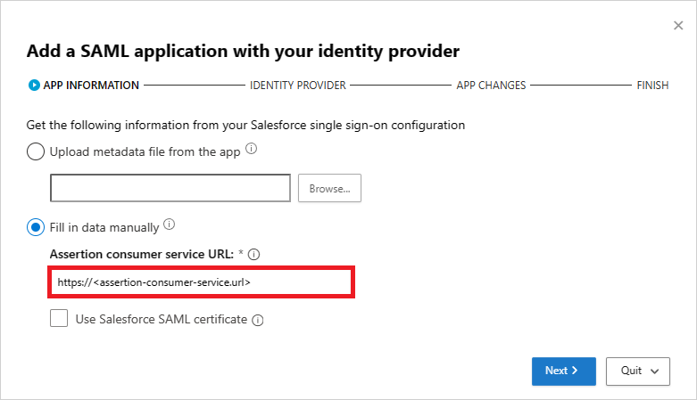 Compilare manualmente le informazioni SAML di Salesforce.