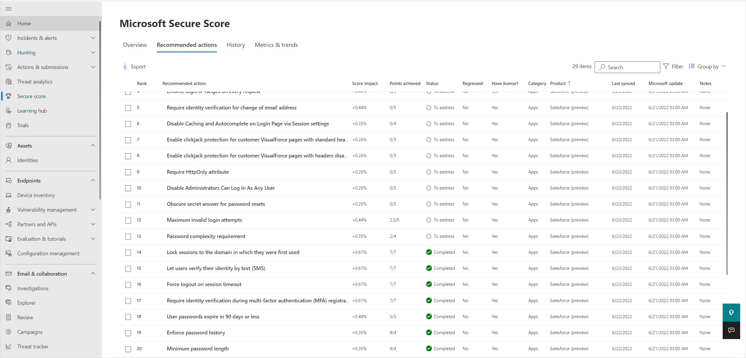 Screenshot delle raccomandazioni di SalesForce in Secure Score.