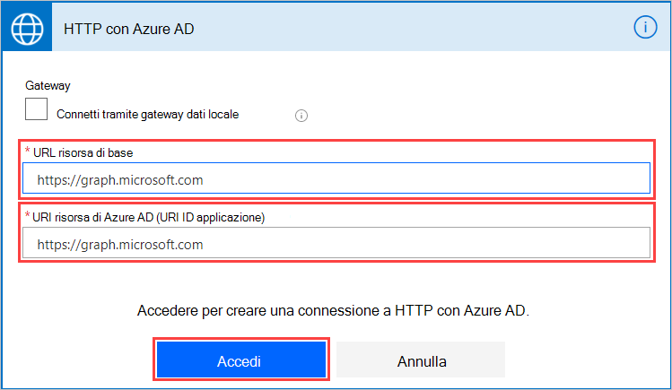 Screenshot della finestra HTTP con Azure AD che mostra i campi risorsa e il pulsante di accesso.