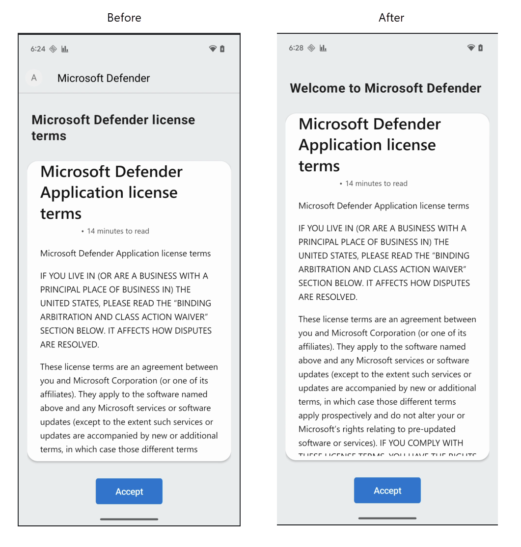Screenshot che mostra la schermata EULA dopo la riprogettazione in modalità luce.