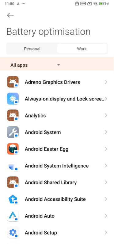 Immagine dell'opzione Tutte le app nell'elenco a discesa