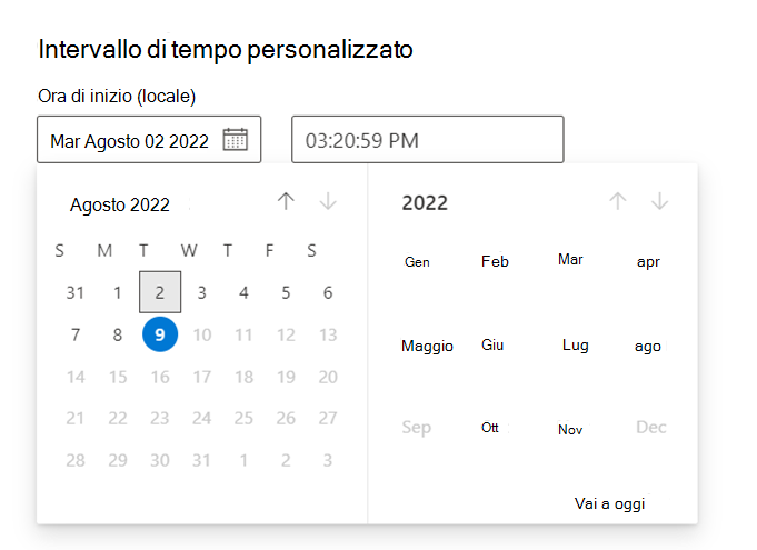 Screenshot dell'intervallo di tempo personalizzato.