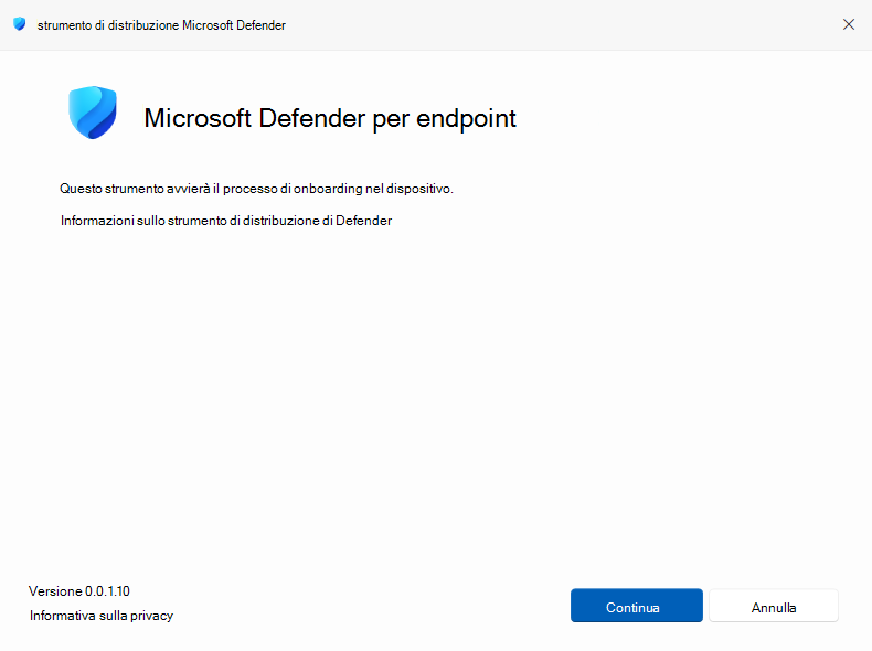 Screenshot che illustra l'esecuzione dello strumento di distribuzione defender in modalità interattiva.