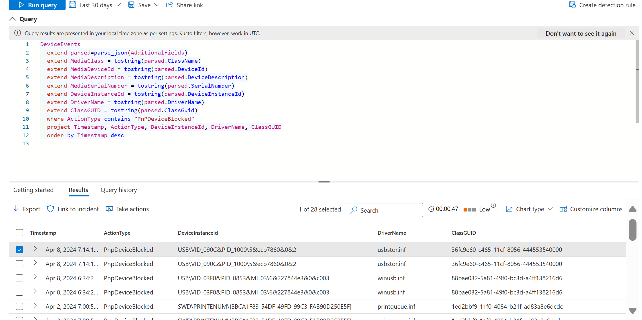 Screenshot che mostra una query DeviceEvents.