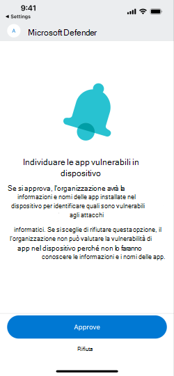 Screenshot che mostra la schermata EUPI per iOS TVM per dispositivi mobili Microsoft Defender per endpoint prima del nuovo aggiornamento.