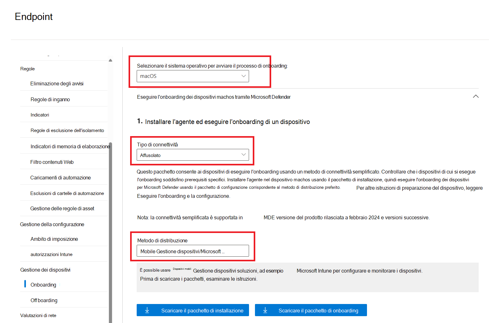Screenshot della pagina Onboarding con il metodo di distribuzione Mobile Gestione dispositivi/Microsoft Intune evidenziato.