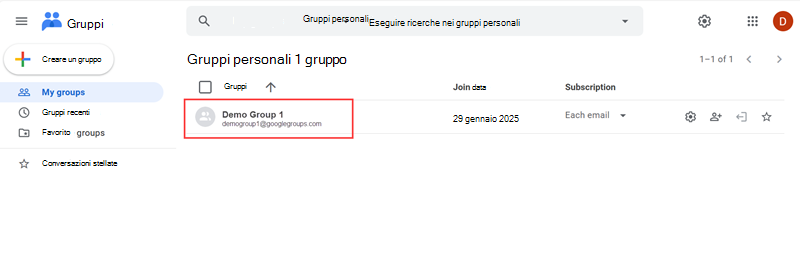 Screenshot dell'evidenziazione del gruppo Google aggiunto all'elenco