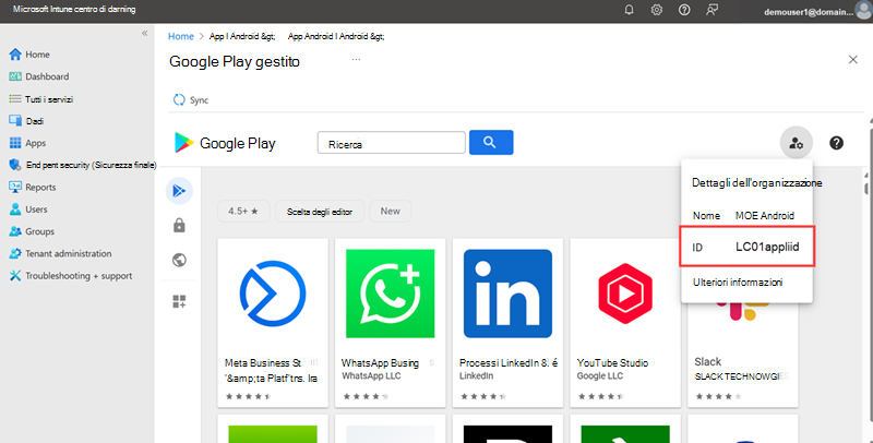 Screenshot dell'interfaccia di amministrazione di Microsoft Intune che evidenzia l'ID organizzazione