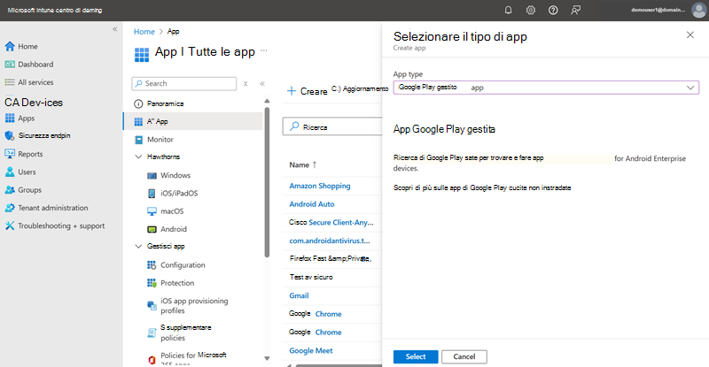 Screenshot che seleziona un'app per La riproduzione gestita nell'interfaccia di amministrazione di Microsoft Intune