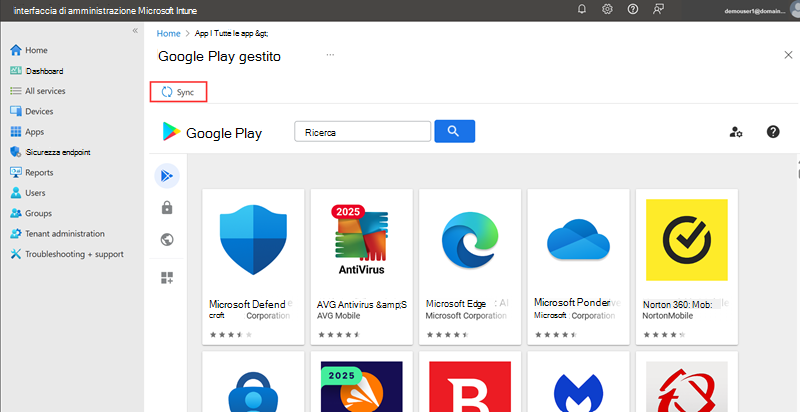 Screenshot che evidenzia l'opzione Sincronizza nell'archivio Di riproduzione gestita