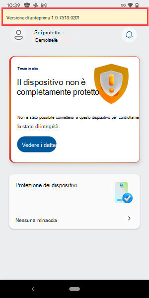 Screenshot di una versione non definitiva di Microsoft Defender Antivirus installato in un dispositivo