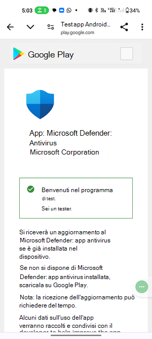 Screenshot di una pagina iniziale per testare la compilazione preliminare di Microsoft Defender Antivirus