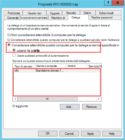 Screenshot che mostra l'opzione per considerare attendibile il computer solo per la delega ai servizi specificati.